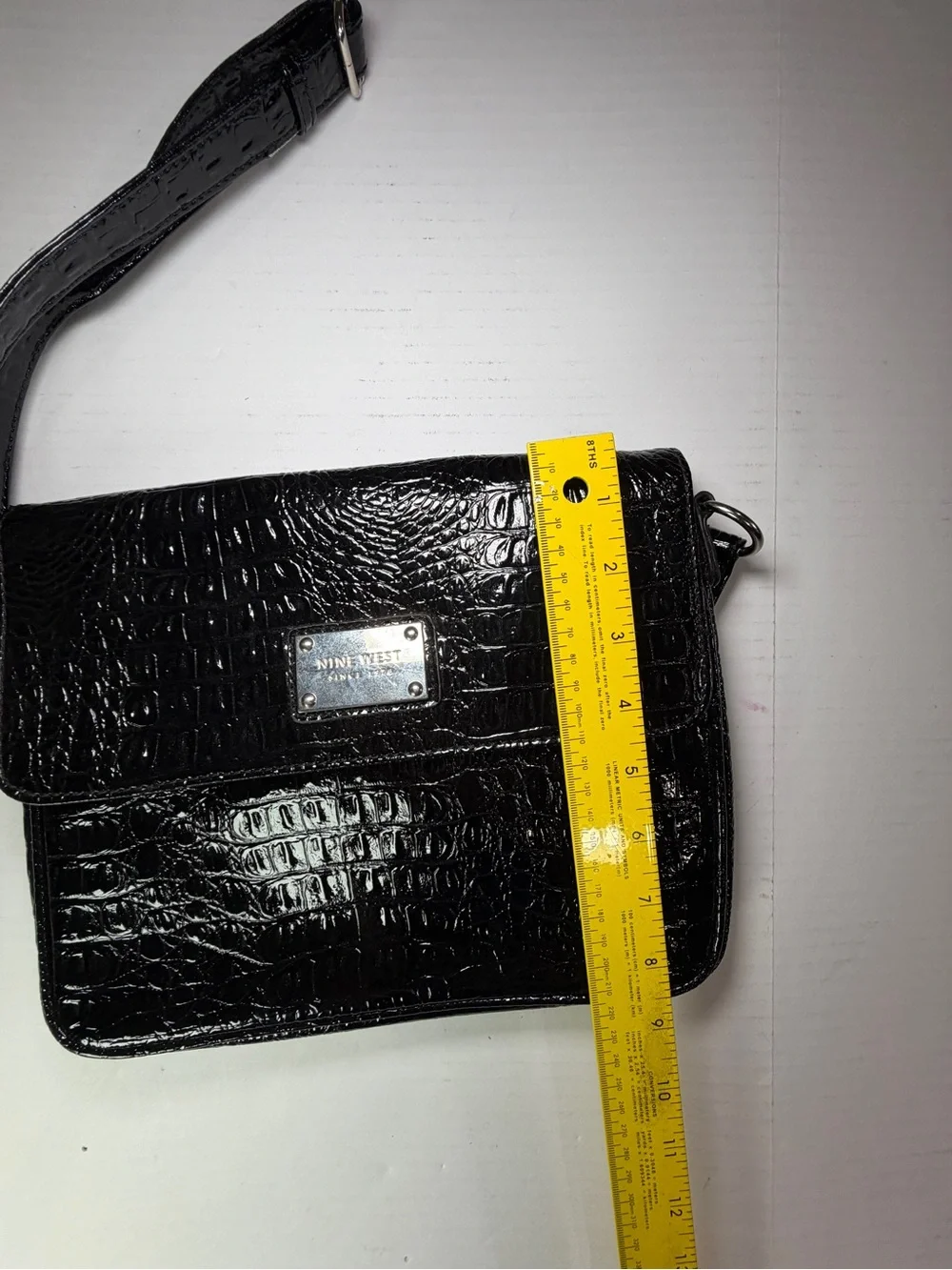 Nine West Black Croc-Embossed Crossbody Bag with Logo Plaque